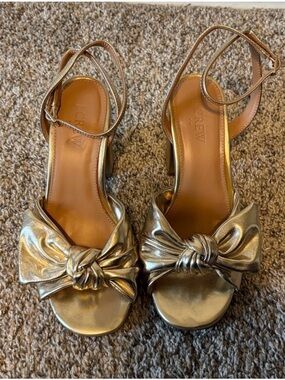 J. Crew Metallic Gold Knotted Bow Ankle-Strap Heels